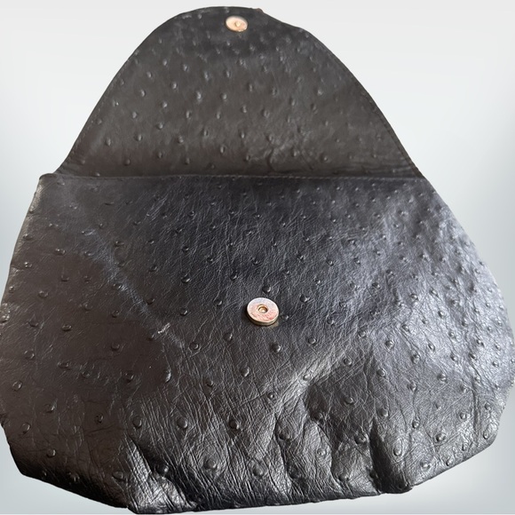 Black Leather Medium Clutch , Ostrich stamped with Artist Brass Buckle - Picture 3 of 4